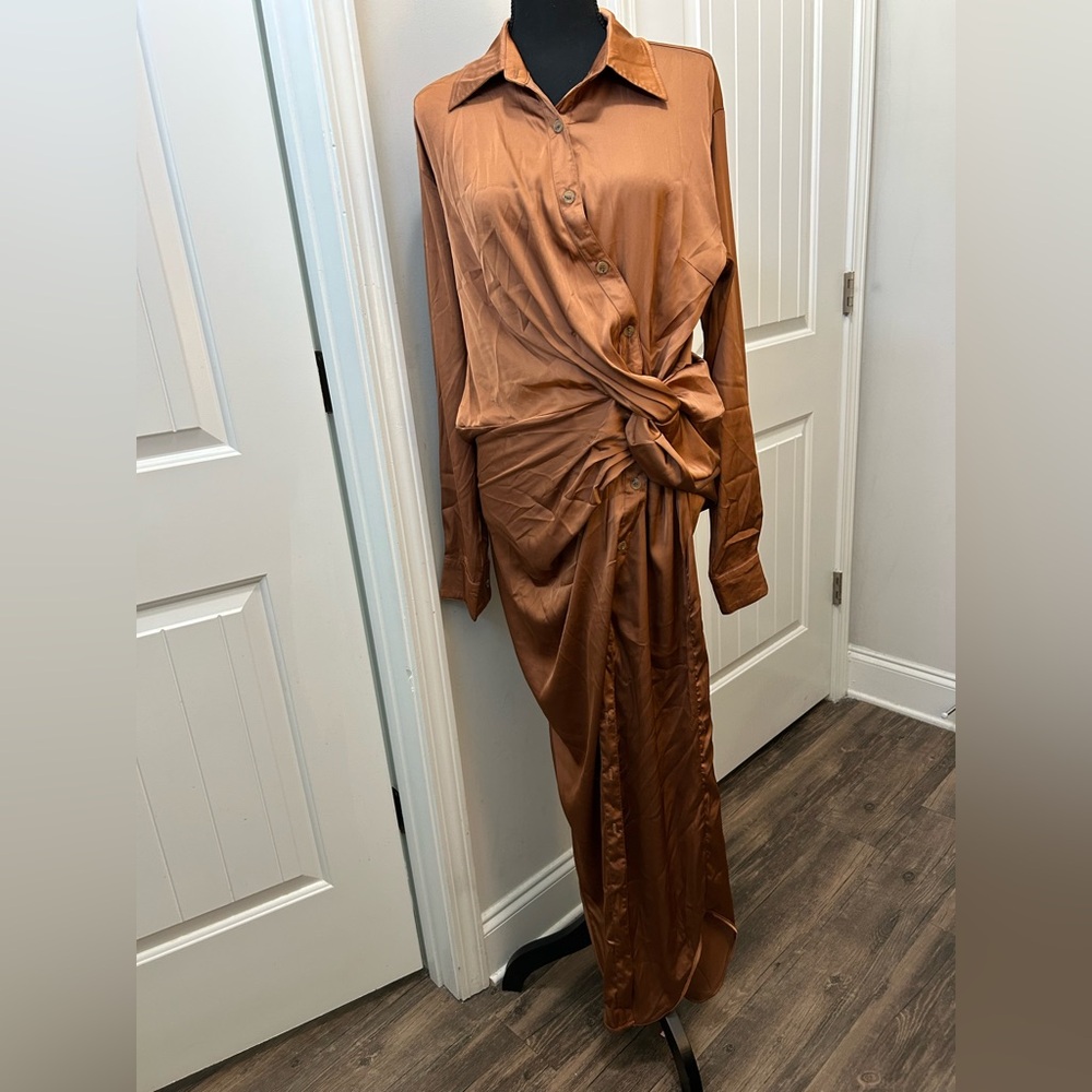 Fashion Nova Copper Wrap Long Sleeve Button Down Satin Dress - Picture 4 of 8